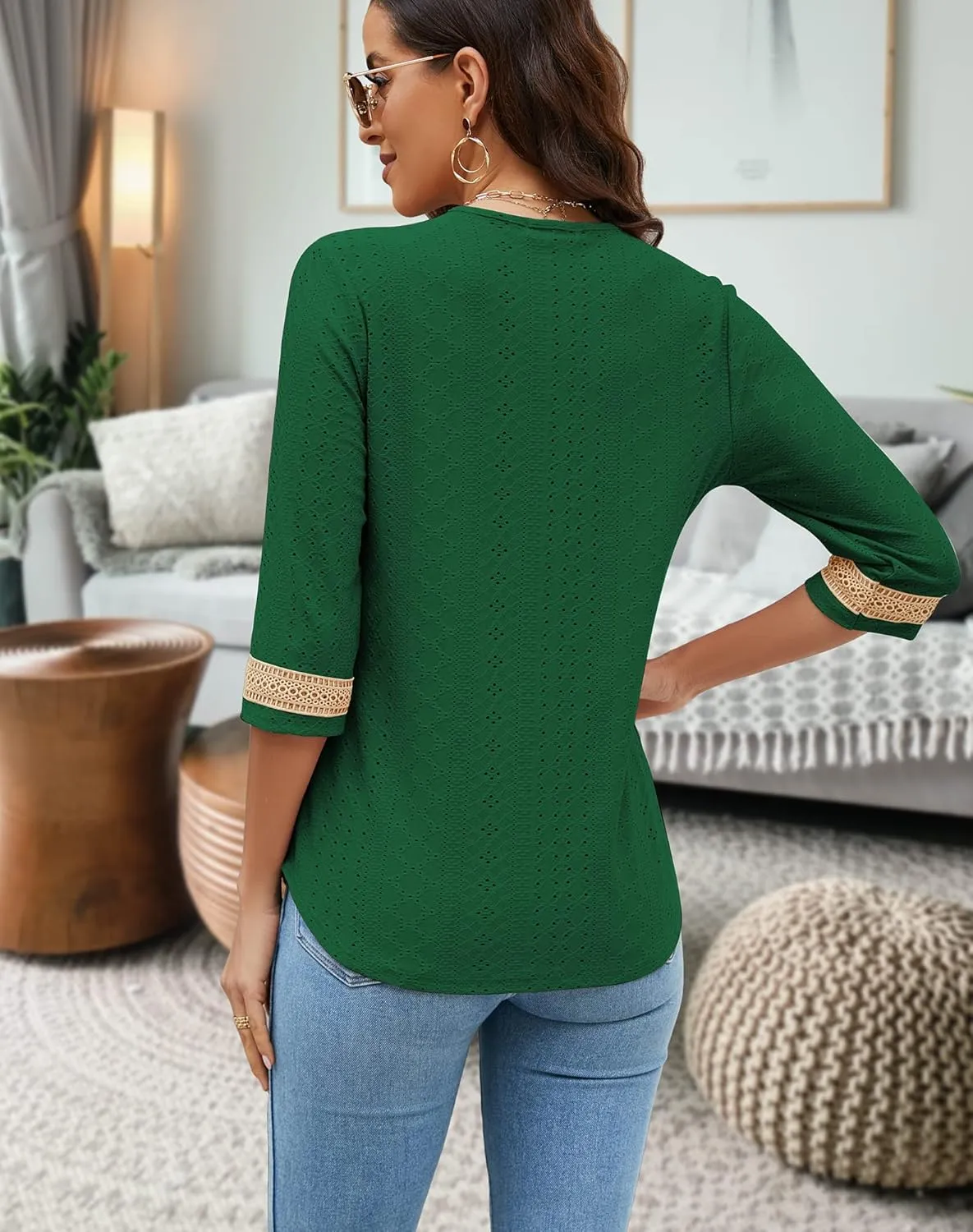 Women's Casual 3/4 Sleeve Shirts Lace V Neck Color Block Dressy Tops Trendy Hollow Floral Blouses T Shirts S-XXL