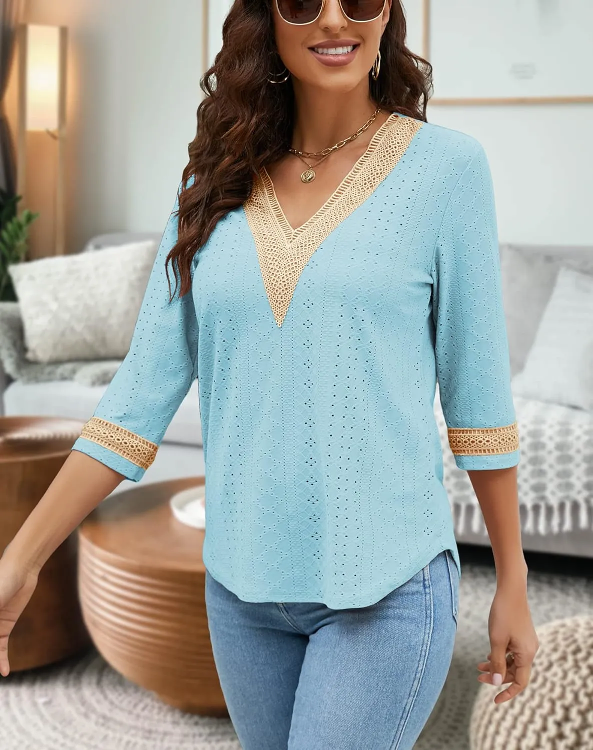 Women's Casual 3/4 Sleeve Shirts Lace V Neck Color Block Dressy Tops Trendy Hollow Floral Blouses T Shirts S-XXL