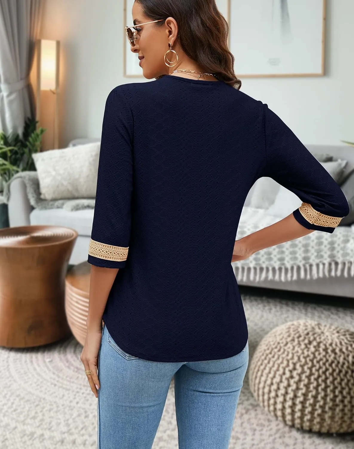 Women's Casual 3/4 Sleeve Shirts Lace V Neck Color Block Dressy Tops Trendy Hollow Floral Blouses T Shirts S-XXL