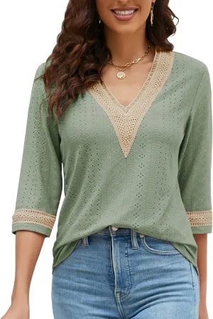 Women's Casual 3/4 Sleeve Shirts Lace V Neck Color Block Dressy Tops Trendy Hollow Floral Blouses T Shirts S-XXL