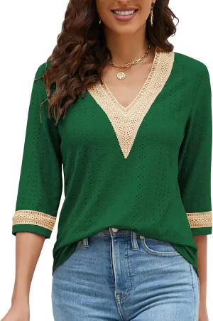 Women's Casual 3/4 Sleeve Shirts Lace V Neck Color Block Dressy Tops Trendy Hollow Floral Blouses T Shirts S-XXL