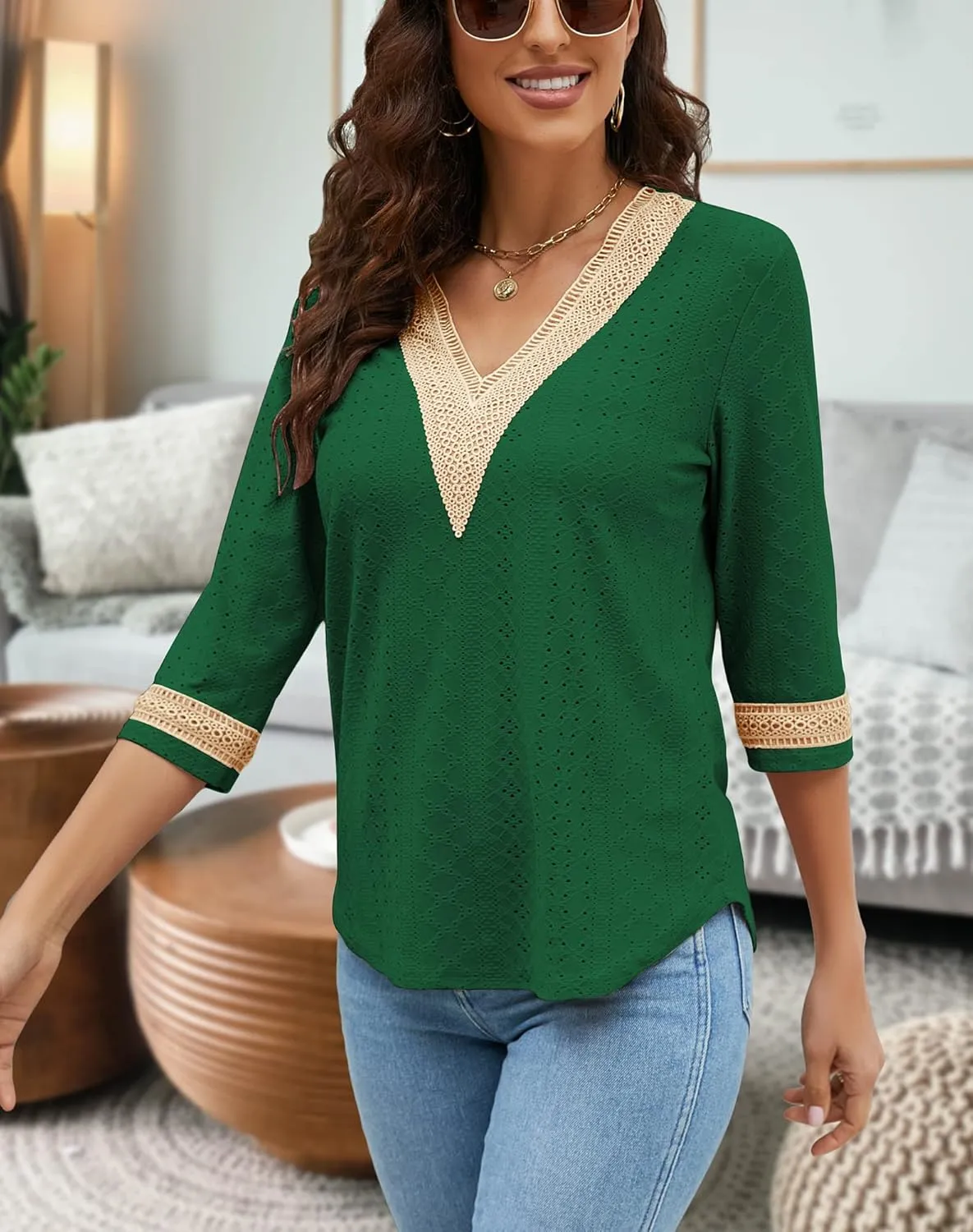 Women's Casual 3/4 Sleeve Shirts Lace V Neck Color Block Dressy Tops Trendy Hollow Floral Blouses T Shirts S-XXL