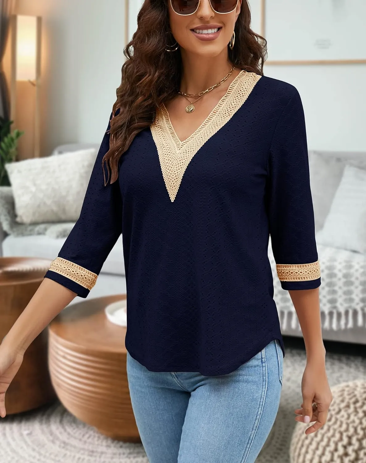 Women's Casual 3/4 Sleeve Shirts Lace V Neck Color Block Dressy Tops Trendy Hollow Floral Blouses T Shirts S-XXL