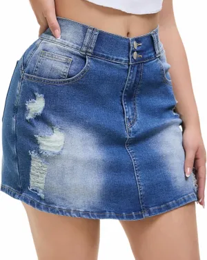 Women's Distressed Ripped Denim Trendy Midi Waisted Denim Skirts Butt Lifting Jeans Skorts