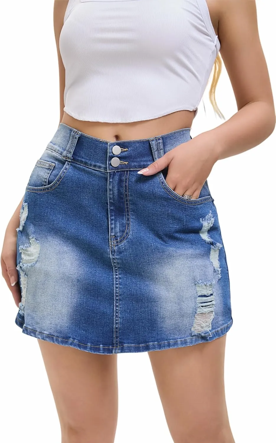 Women's Distressed Ripped Denim Trendy Midi Waisted Denim Skirts Butt Lifting Jeans Skorts