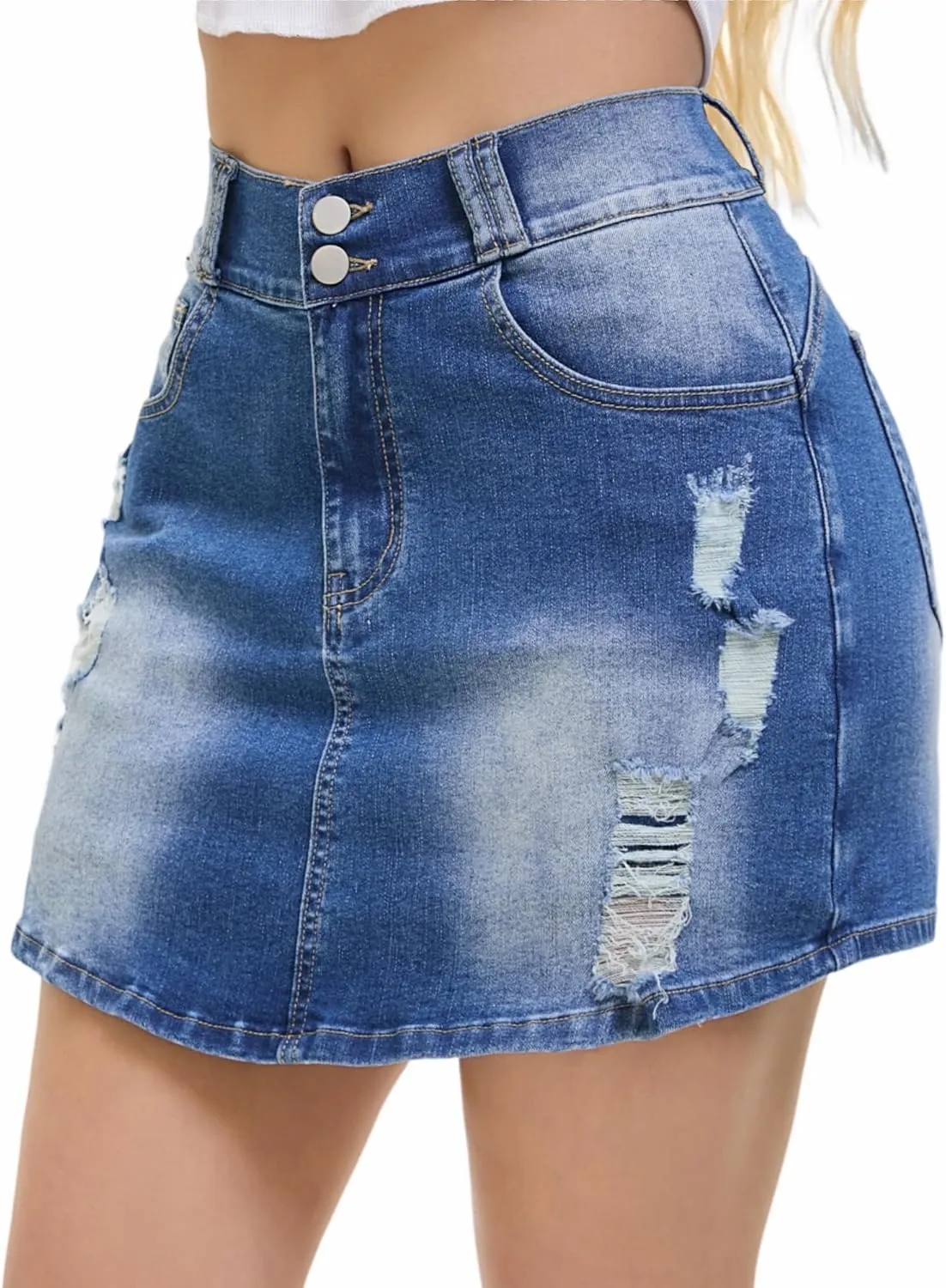 Women's Distressed Ripped Denim Trendy Midi Waisted Denim Skirts Butt Lifting Jeans Skorts