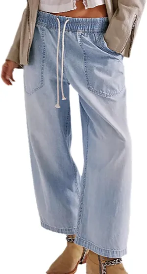 Women's Drawstring Baggy Jeans Trendy Elastic Waisted Boyfriend Wide Leg Denim Pants