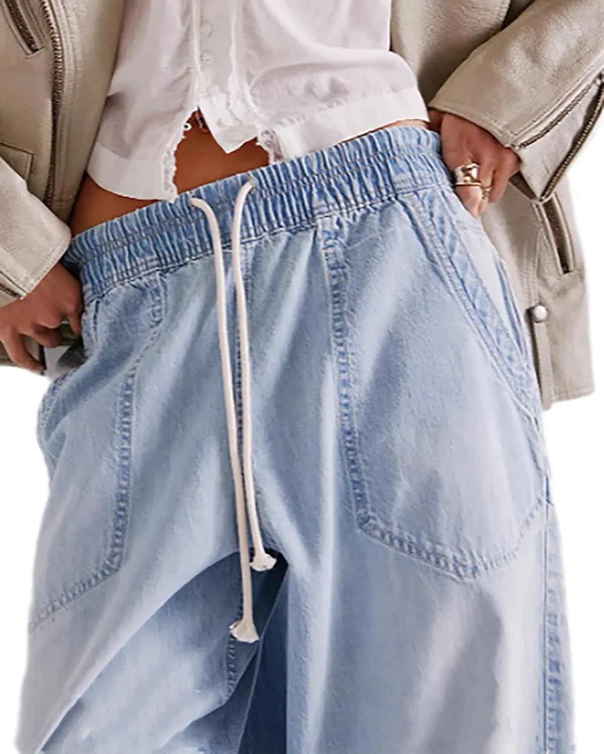 Women's Drawstring Baggy Jeans Trendy Elastic Waisted Boyfriend Wide Leg Denim Pants