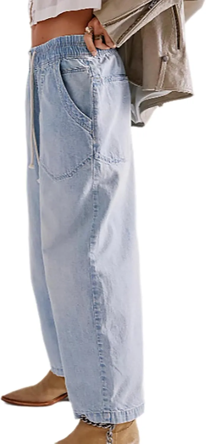 Women's Drawstring Baggy Jeans Trendy Elastic Waisted Boyfriend Wide Leg Denim Pants