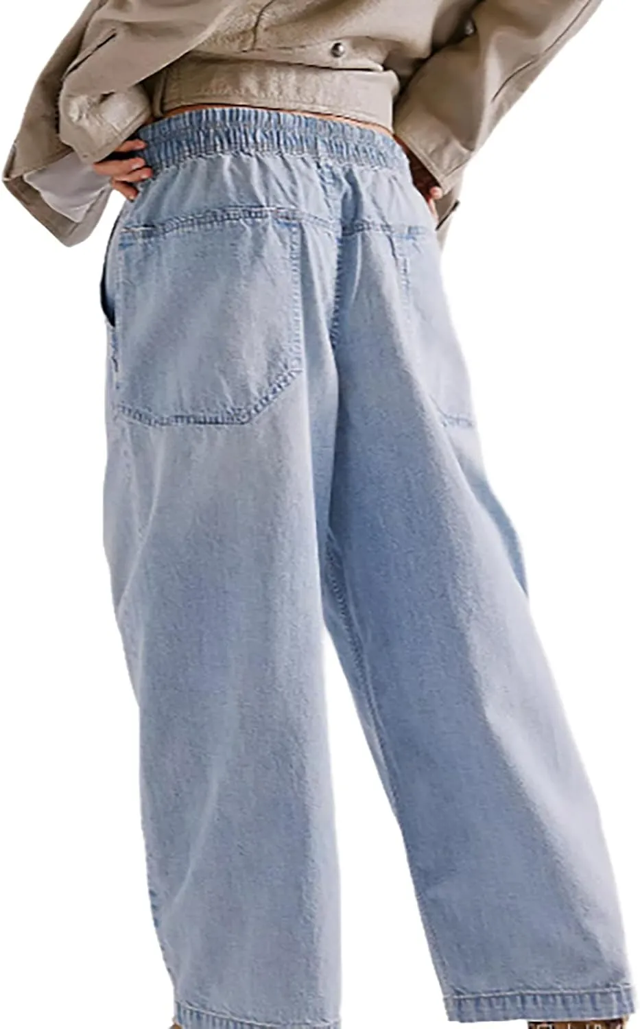 Women's Drawstring Baggy Jeans Trendy Elastic Waisted Boyfriend Wide Leg Denim Pants