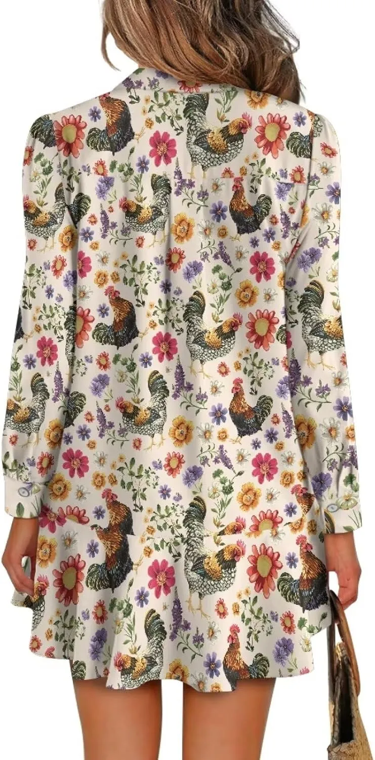 Women's Shirt Dress Long Sleeve Button Down Tunic Ruffle Shift Mini Dresses Loose Casual Work Dresses with Pockets