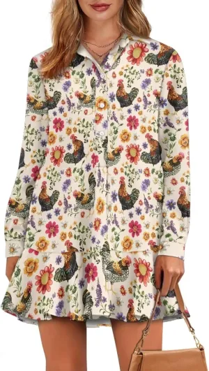 Women's Shirt Dress Long Sleeve Button Down Tunic Ruffle Shift Mini Dresses Loose Casual Work Dresses with Pockets