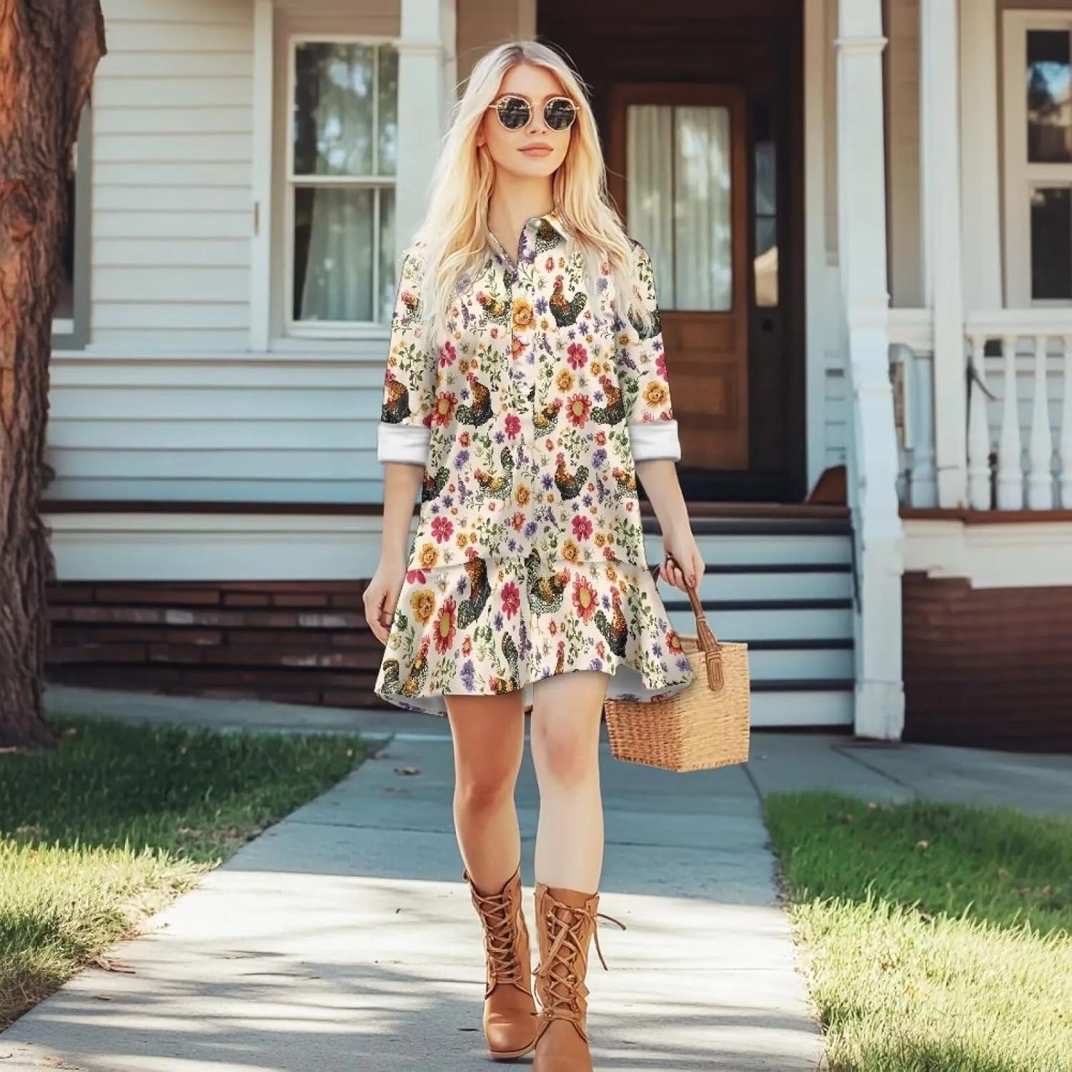 Women's Shirt Dress Long Sleeve Button Down Tunic Ruffle Shift Mini Dresses Loose Casual Work Dresses with Pockets