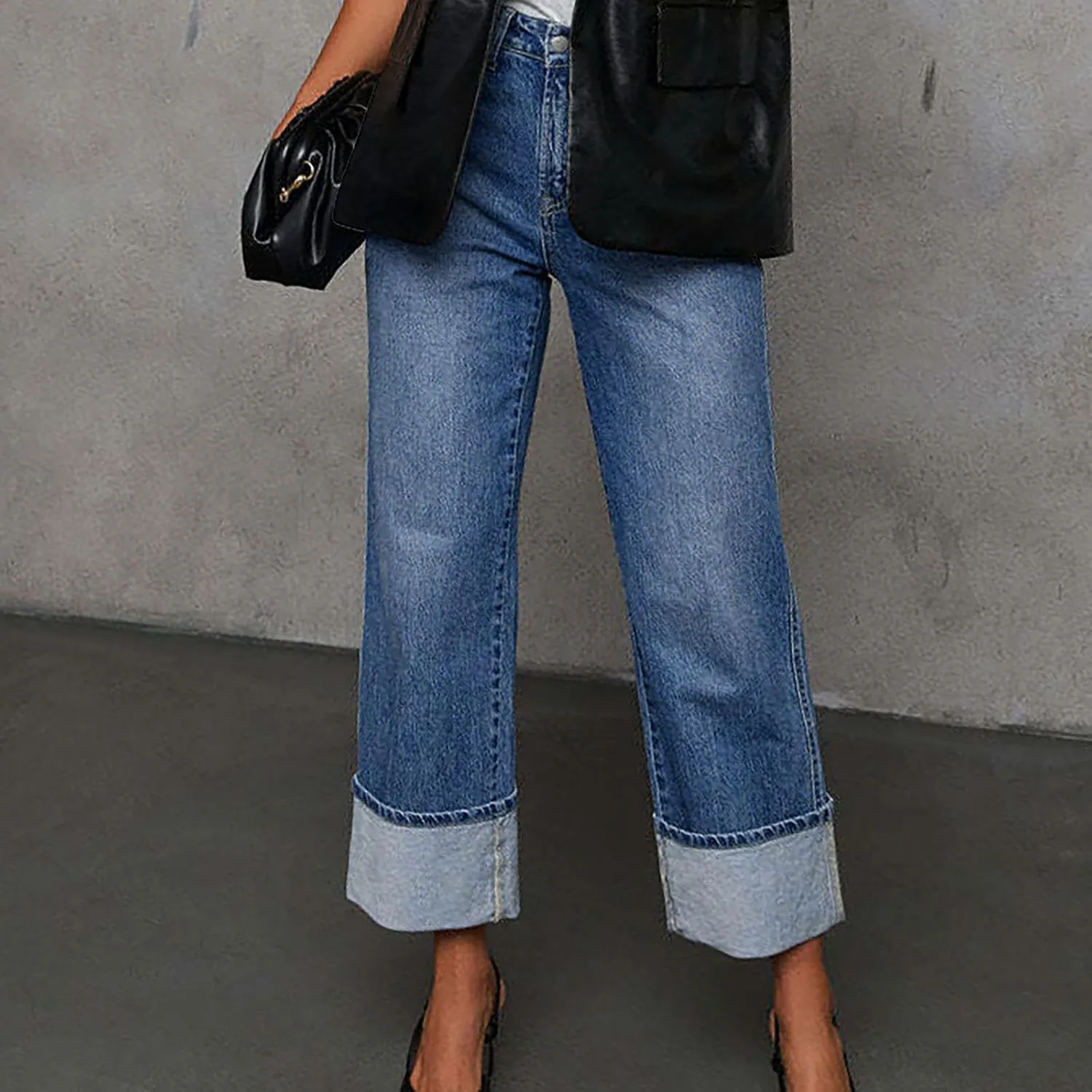Women's Straight Leg Denim Pants High Waisted Rolled Hem Jeans Stretch Loose Casual Comfy Trendy Streetwear Trousers