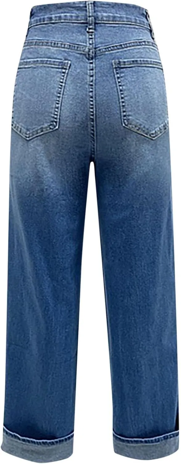 Women's Straight Leg Denim Pants High Waisted Rolled Hem Jeans Stretch Loose Casual Comfy Trendy Streetwear Trousers