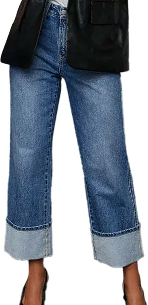 Women's Straight Leg Denim Pants High Waisted Rolled Hem Jeans Stretch Loose Casual Comfy Trendy Streetwear Trousers