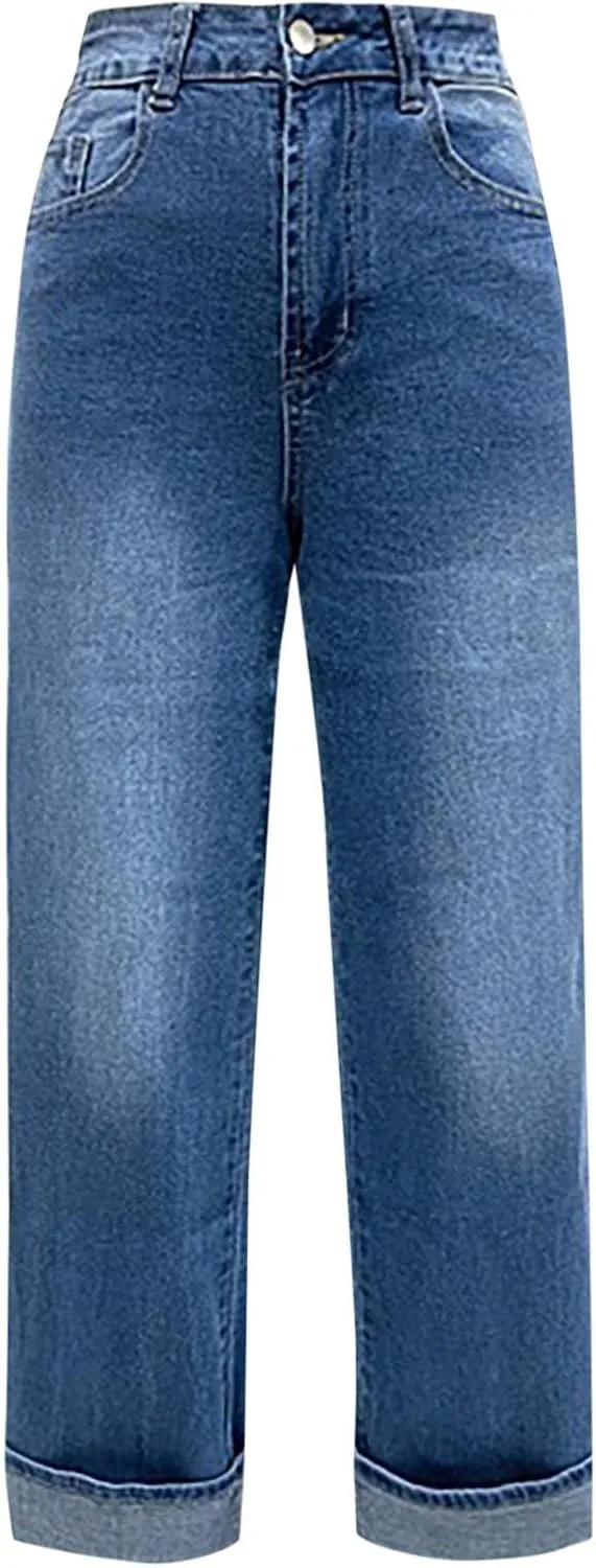 Women's Straight Leg Denim Pants High Waisted Rolled Hem Jeans Stretch Loose Casual Comfy Trendy Streetwear Trousers
