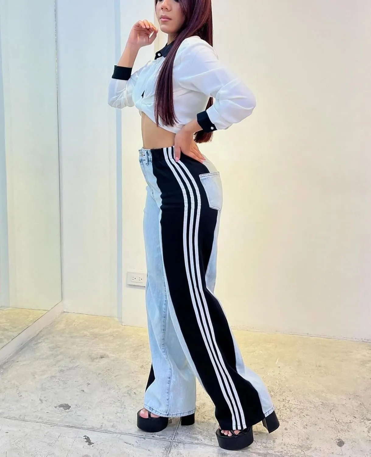 Women's Wide Leg Jeans High Waisted Stretch Patchwork Color Block Stripes Loose Straight Baggy Denim Pants