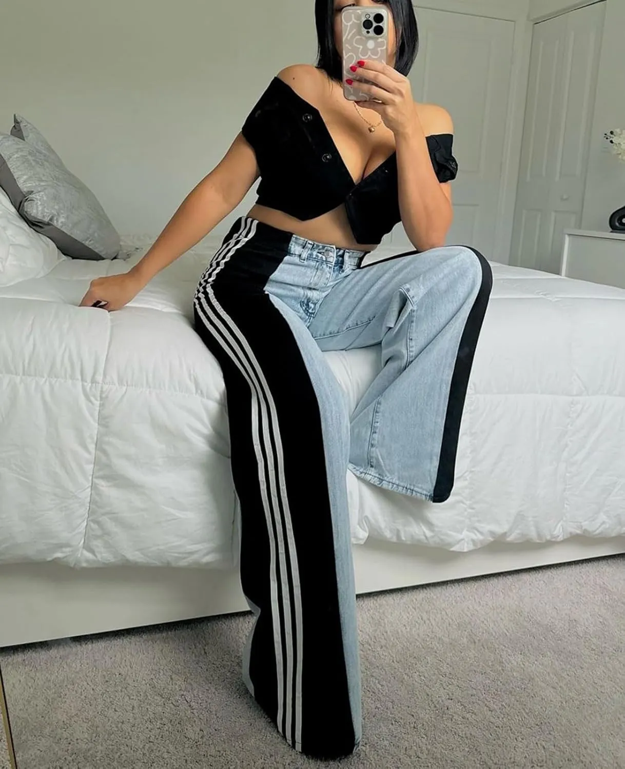 Women's Wide Leg Jeans High Waisted Stretch Patchwork Color Block Stripes Loose Straight Baggy Denim Pants