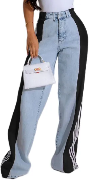 Women's Wide Leg Jeans High Waisted Stretch Patchwork Color Block Stripes Loose Straight Baggy Denim Pants