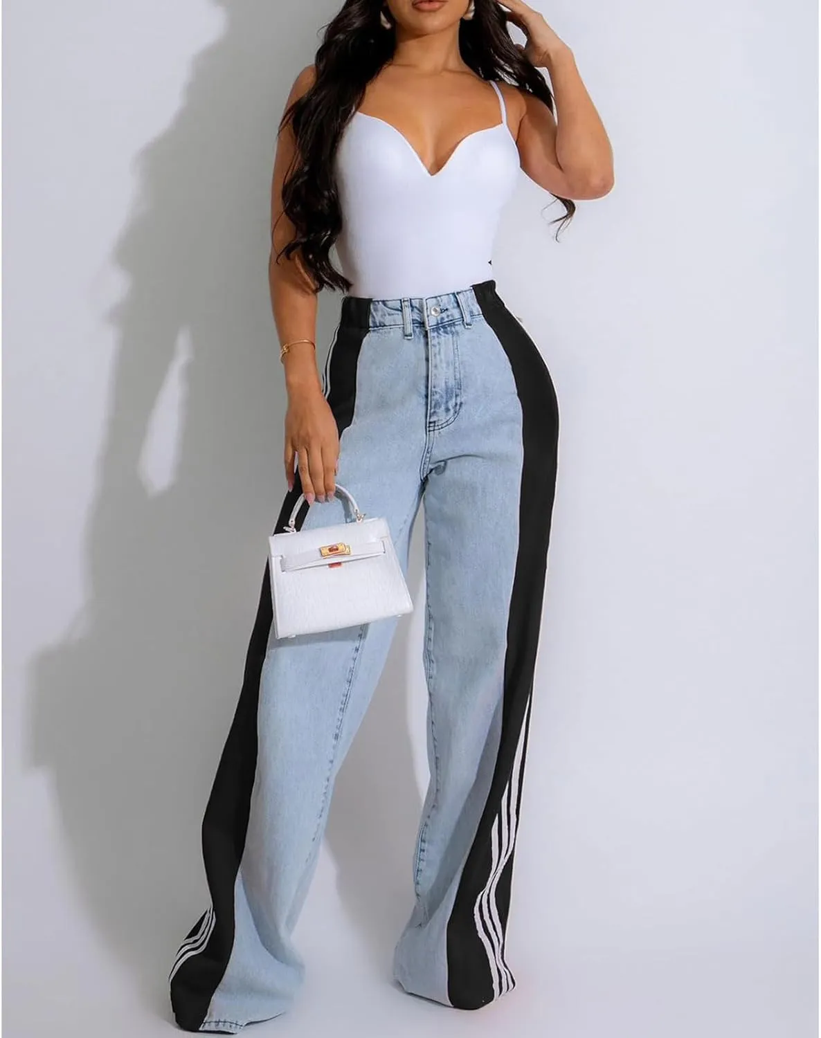 Women's Wide Leg Jeans High Waisted Stretch Patchwork Color Block Stripes Loose Straight Baggy Denim Pants