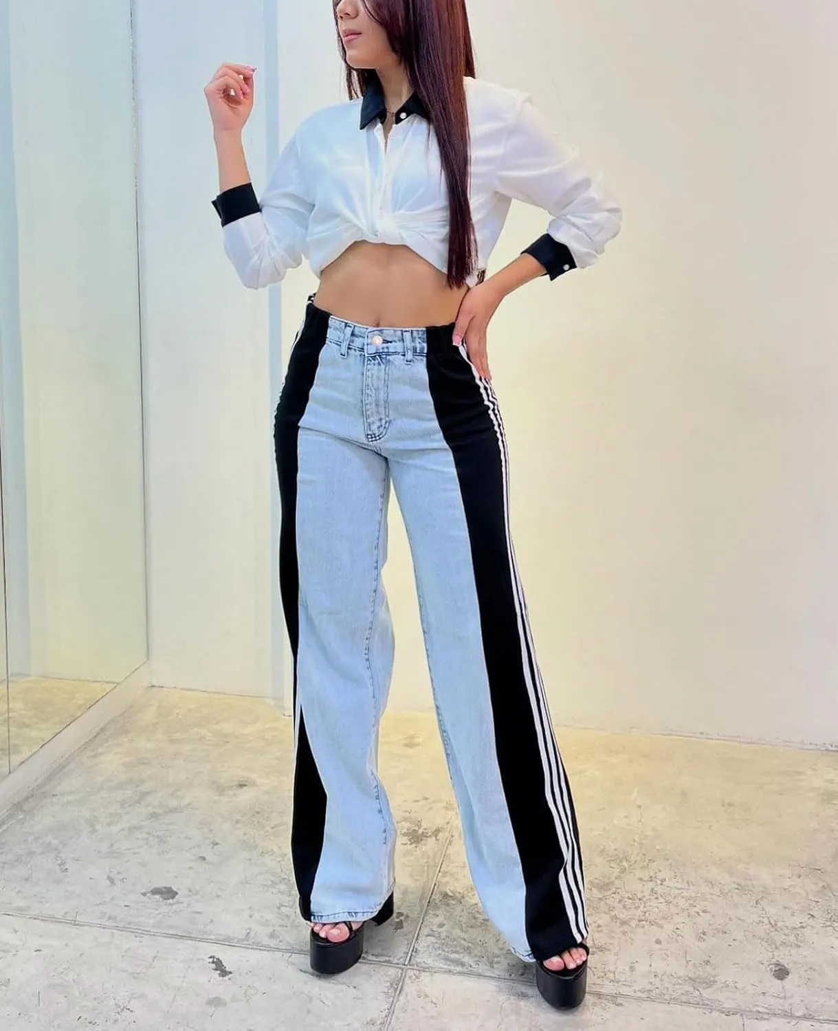 Women's Wide Leg Jeans High Waisted Stretch Patchwork Color Block Stripes Loose Straight Baggy Denim Pants