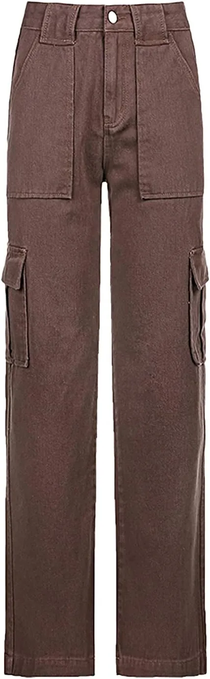 Women's Y2K Fashion Wide Leg High Waist Loose Fit Cargo Jeans Denim Pants Boyfriend Jeans for Teen Girls with Pockets
